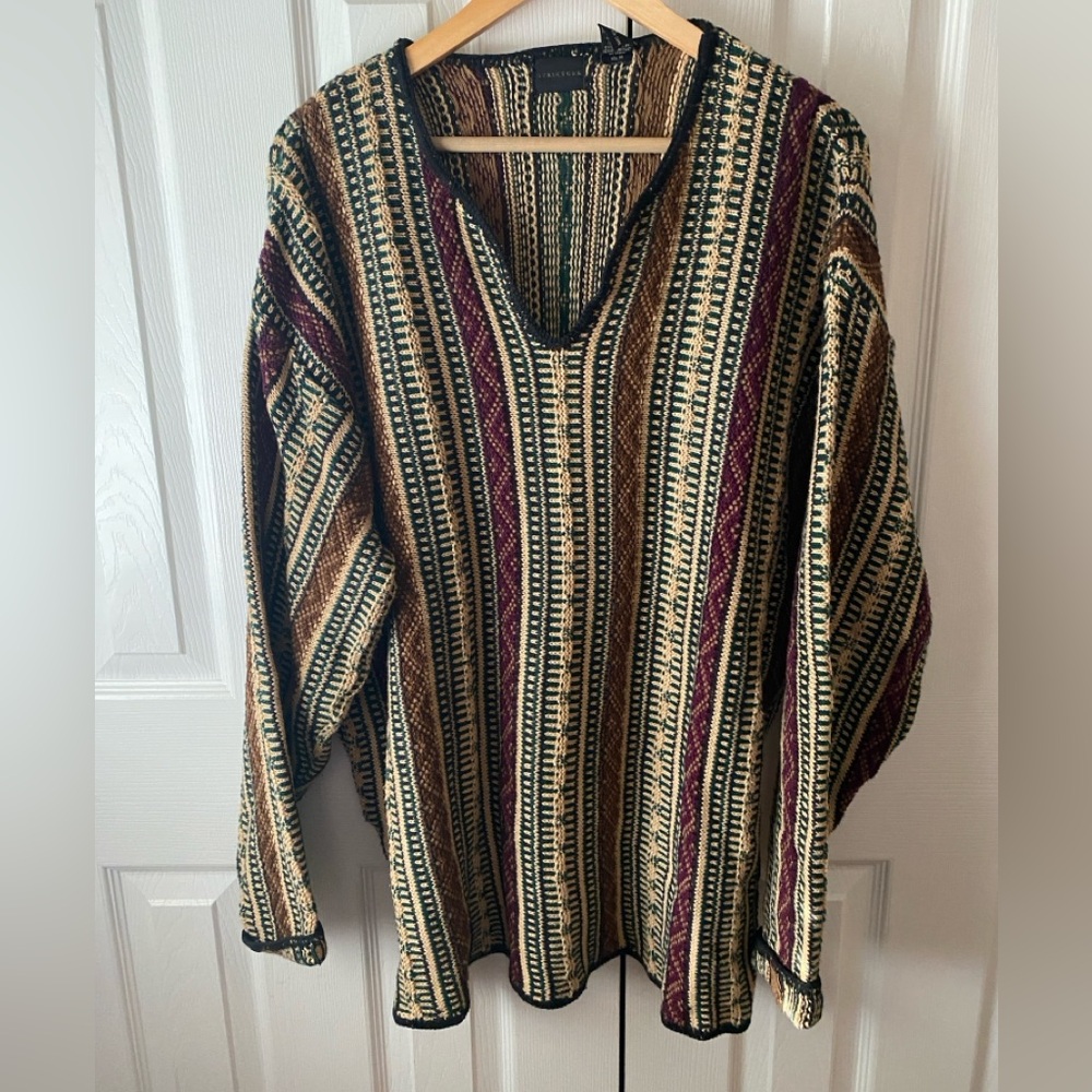 VINTAGE 1990’s STRUCTURE Tan/Burgundy/Green 3D Knit V-Neck Relaxed Fit Sweater L